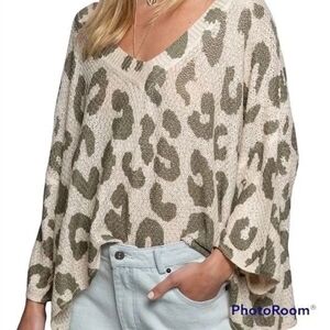 POL Olive and Cream Leopard V-Neck Sweater